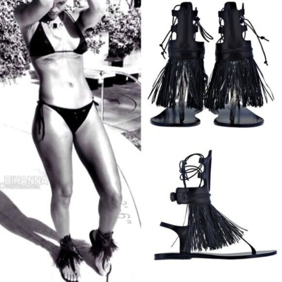 Marios Schwab Rihanna Black Ancient Greek Gladiator Sandals Fringe Womens 36 - Picture 1 of 7